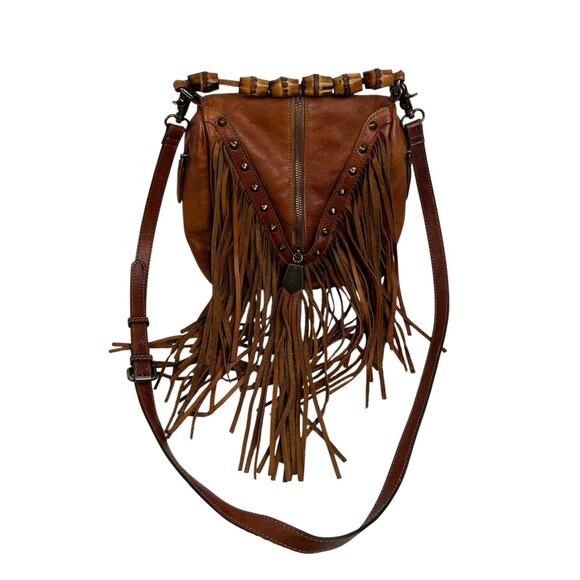 Boho Leather Crossbody Bamboo Hand Strap Featured Fringe Bohemian Tassel Brown - Picture 4 of 15